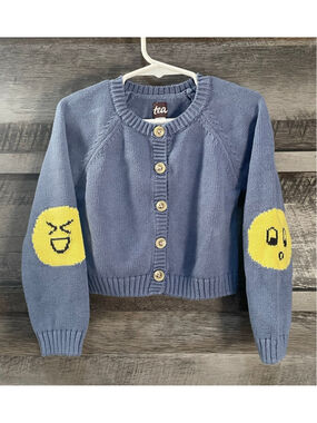 Tea Collection Blue Knit Cardigan Smiley Patch Sweater Kids Size 4 Cozy Button